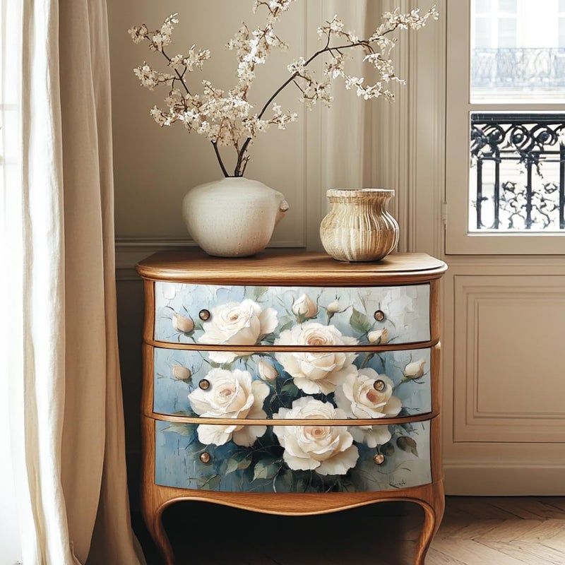 BEUNITONE 6 Sheets Large White Roses Rub on Transfers for Furniture Vintage Floral Rub on Transfer Sticker for Furniture Decor Iod Transfers Stickers Crafts for Wood Glass Decals Waterproof 6"x12" - Image 4